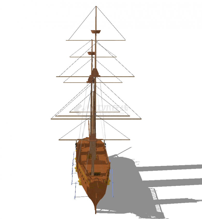 带船舱带船锚的木质欧式船su模型-图二
