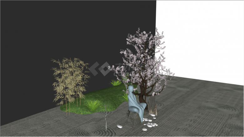 绿竹前的盛开的樱花su模型-图二