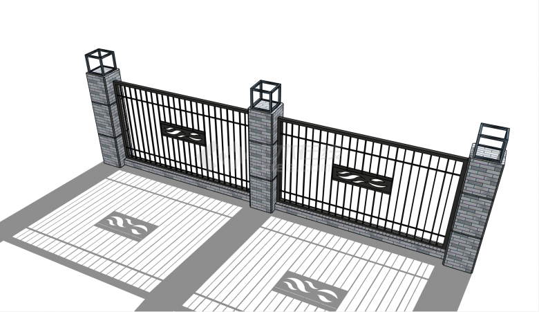 新中式条纹简单铁艺围墙su模型-图二