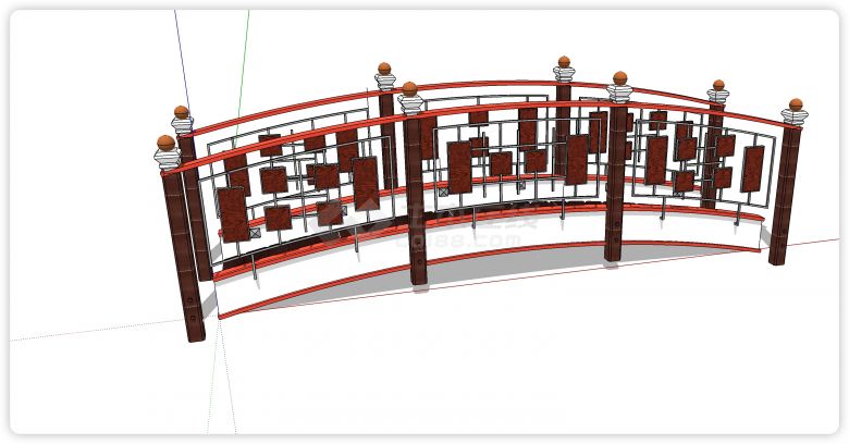 红木钢铁框架护栏拱桥su模型-图一