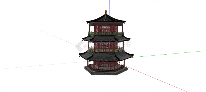 中式三层亭台阁楼建筑su模型-图二