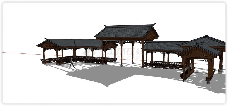灰色瓦顶连廊中式景观亭su模型-图二
