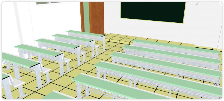 绿色桌面联排中学教室室内su模型-图二