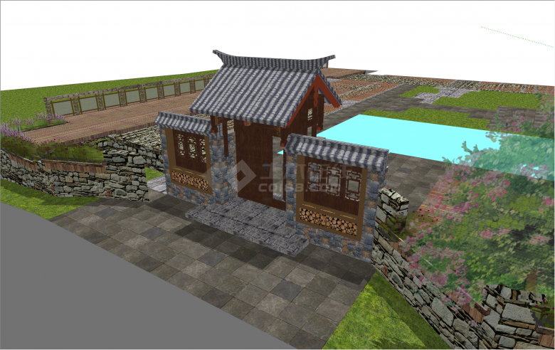  SU model of fine stone Chinese courtyard gate enclosure - Figure 2