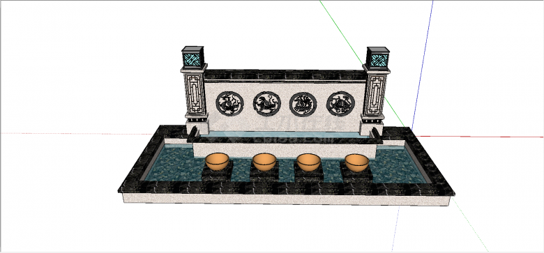 中式组件景墙带水池四喷水样式照壁su模型-图二