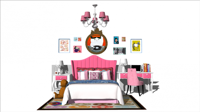 粉色吊灯床儿童家具su模型_图1