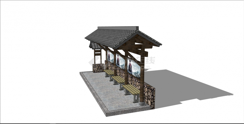 新中式石制墙公交车站su模型-图二