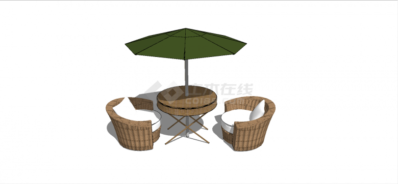 桌子与遮阳伞一体式户外二人藤条材质桌椅su模型-图一