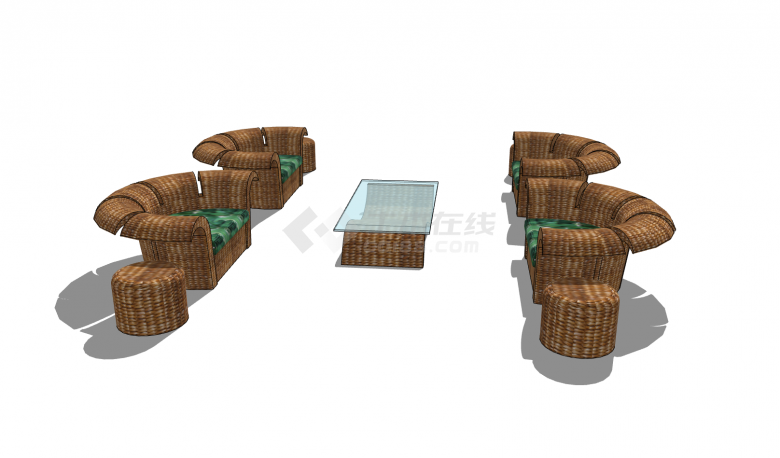对坐绿色坐垫舒适藤编户外桌椅su模型-图二
