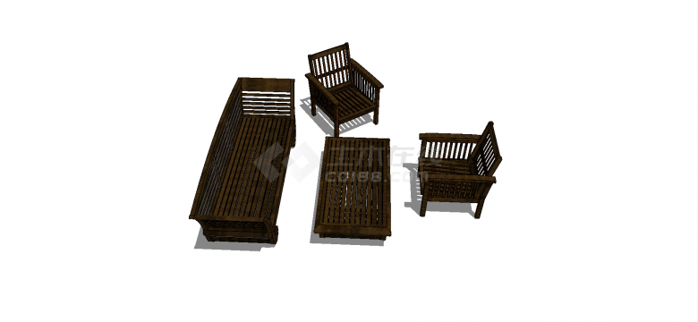中式木条拼接式长椅长桌两小椅su模型-图二