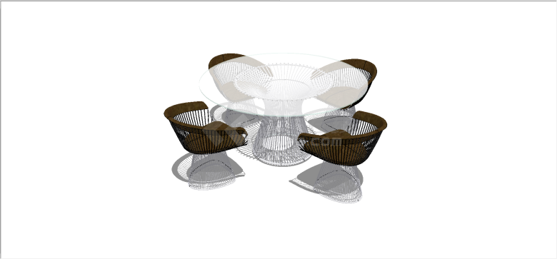 现代圆形玻璃桌四人木框架钢镶嵌式椅子su模型-图一