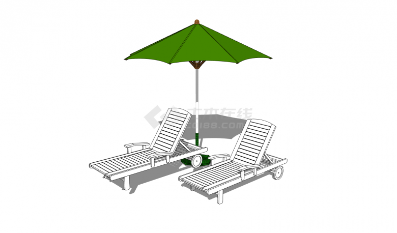 绿色遮阳伞带小圆轮的户外躺椅su模型-图一