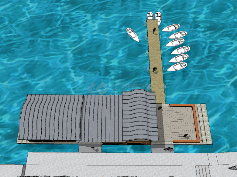 带小船带餐厅的中式游船码头 su模型-图二