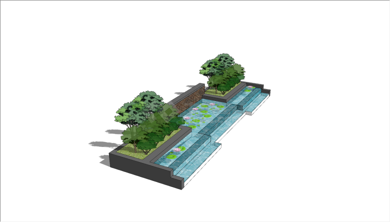 现代荷花池带花盆景水景SU模型-图二