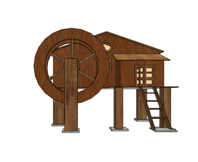 木制褐色房子水车 su模型_图1