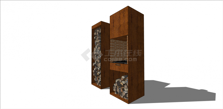 现代木制烤箱带柴堆su模型-图二