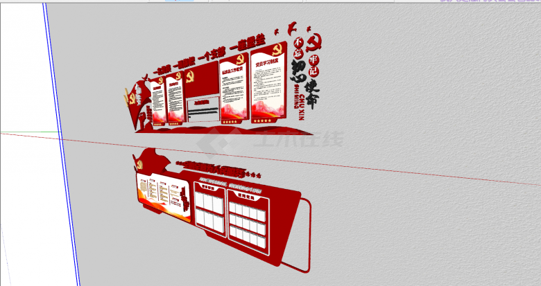 现代红色文化宣传栏广场文化墙su模型-图二