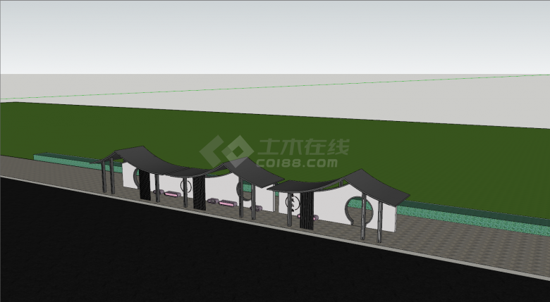 中式公交站整体布局su模型-图二