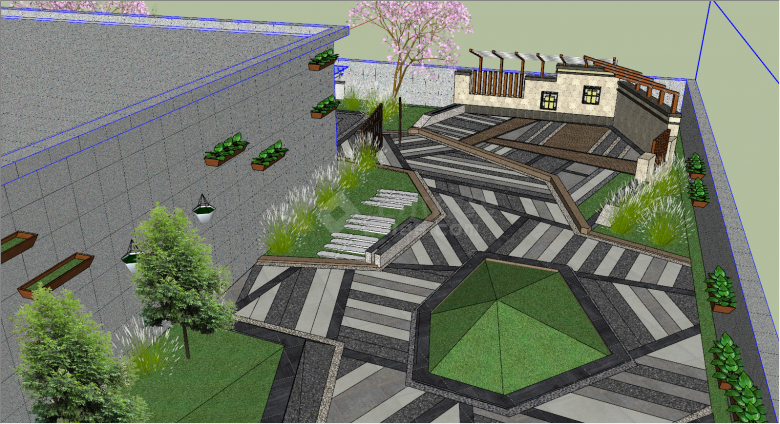 带树木中式屋顶花园su模型-图二