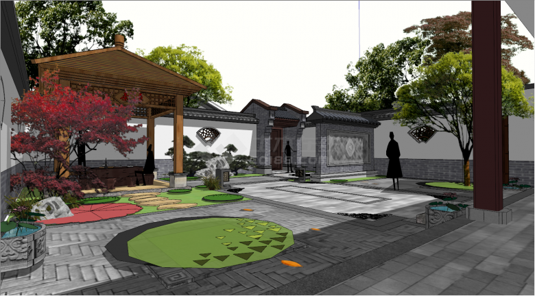 中式西北院子景观庭院SU模型-图二
