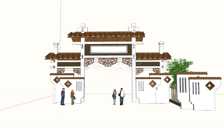 中式庭院大门围墙建筑su模型-图二