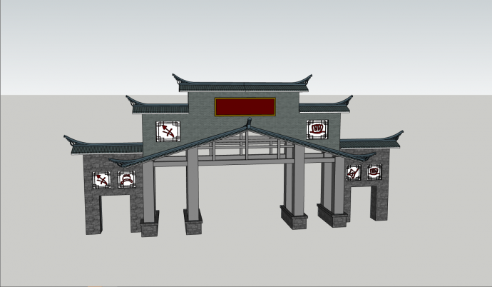 中式大门庭院建筑su模型_图1