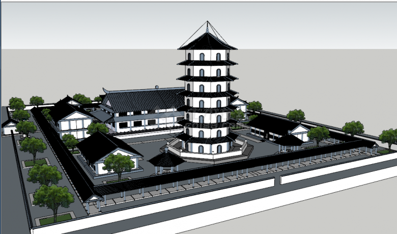 中式高层寺庙禅院古建建筑su模型-图二