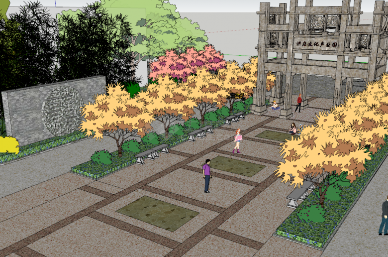 中式大型公园绿化建筑广场景观su模型-图二