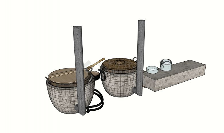 水缸型铁烟囱大锅中式灶台SU模型-图二