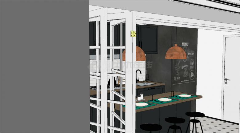 现代开放式厨房空间su模型-图一