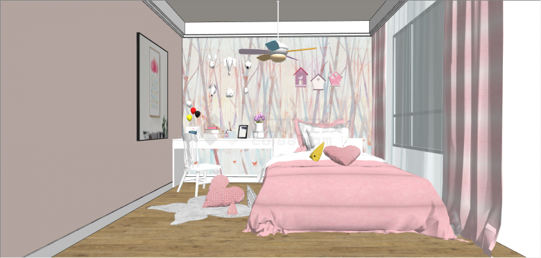 现代粉色系儿童卧房su模型-图一
