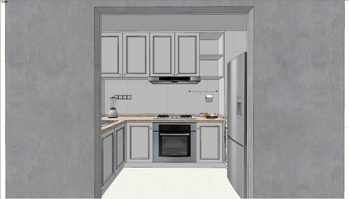 带有大冰箱和排插的灰色厨房空间su模型_图1