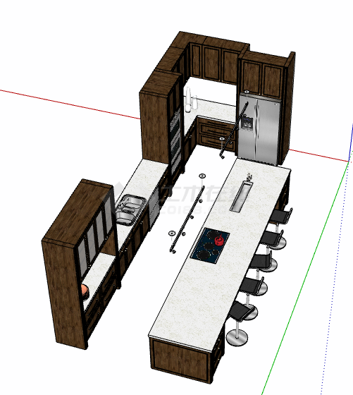 简约褐色柜子厨房su模型 -图二