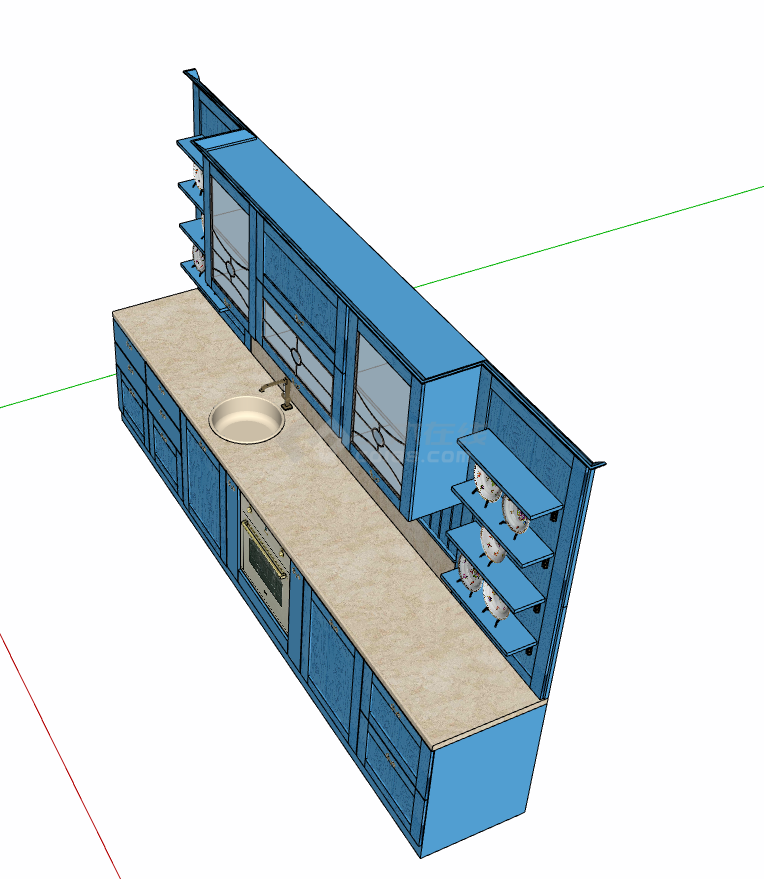 蓝色柜子简约厨房su模型 -图二