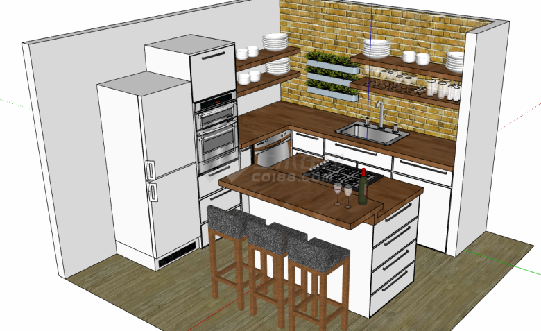 开放式现代白色厨房su模型-图一