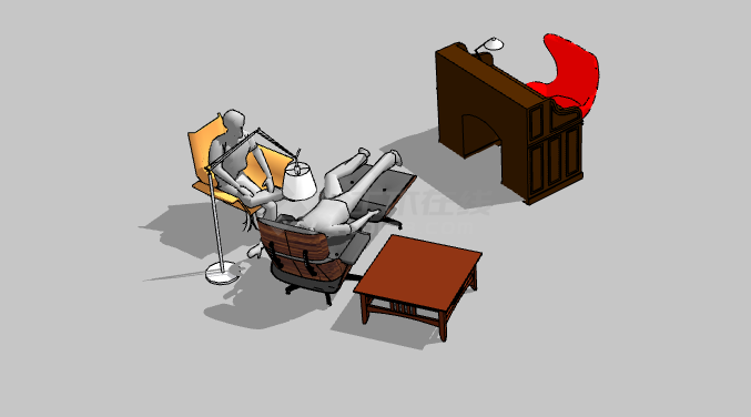 红椅子现代办公室桌子su模型-图二