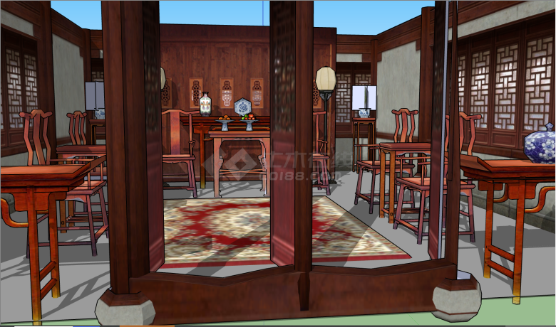 一间古色古香的屋子里放置了红色木制的桌椅古代室内议事堂SU模型-图二