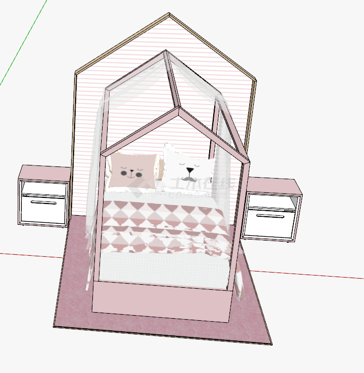 现代粉色带床头柜带床帘的儿童床su模型-图二