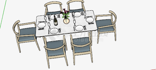 带餐具带插花中式餐桌su模型-图一