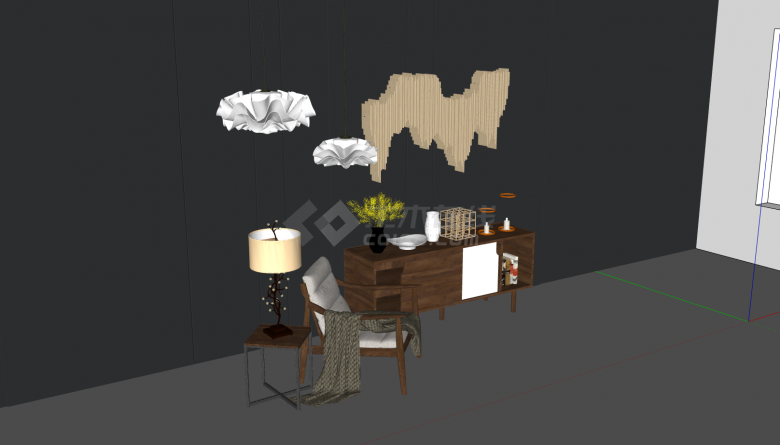 白色吊灯原木色桌椅时尚北欧家具组合su模型-图二