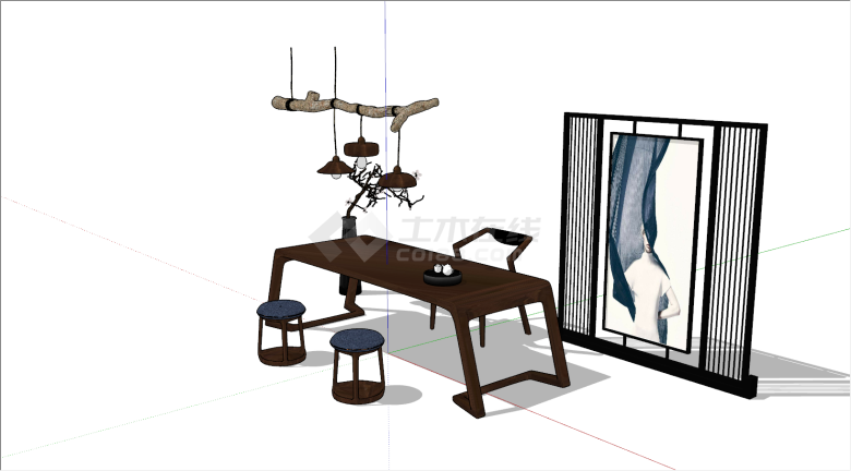 新中式实木新型桌椅组合su模型-图二