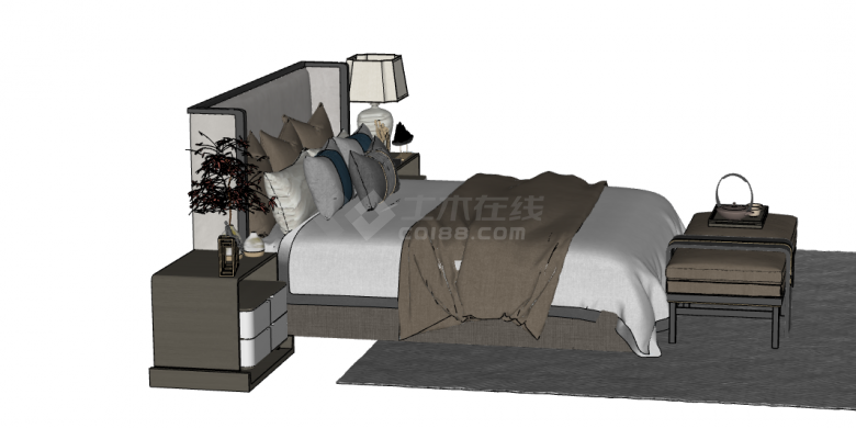 白色褐色简约新中式床具su模型-图二