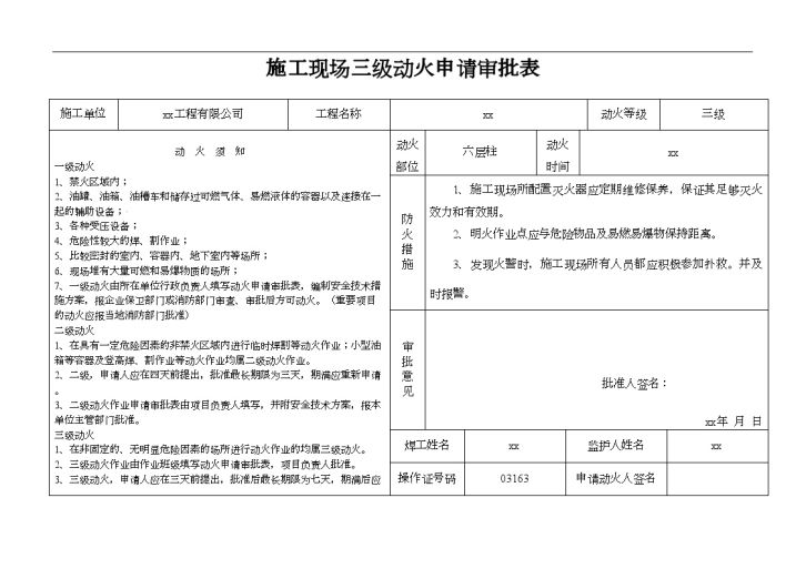 大型建设工程之施工现场三级动火申请记录表-图一