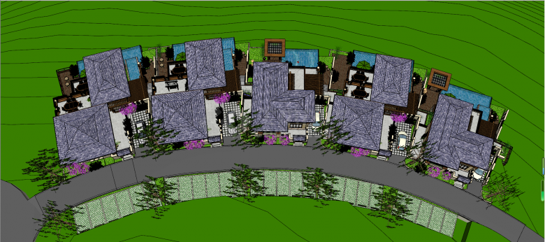 东南亚风格坡地联排多层度假别墅su模型-图二