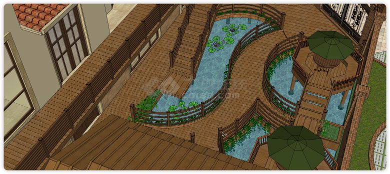 复古喷泉荷花池景观参考庭院su模型-图二