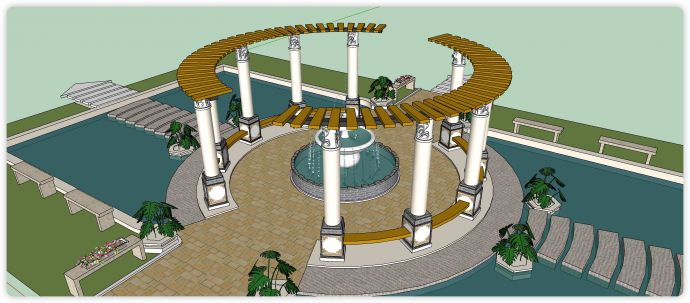 希腊风格喷泉水池参考庭院su模型_图1