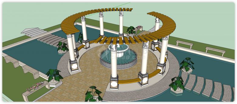 希腊风格喷泉水池参考庭院su模型-图一