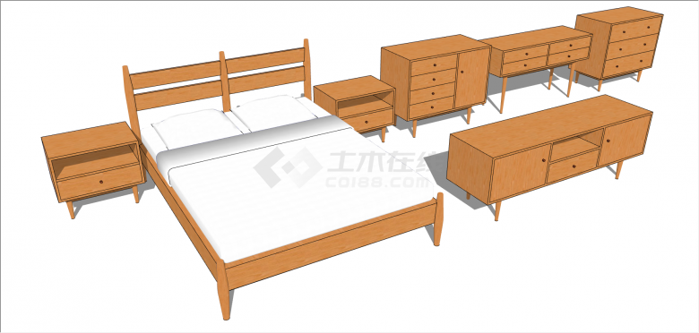 木制床头柜床的组合su模型-图二