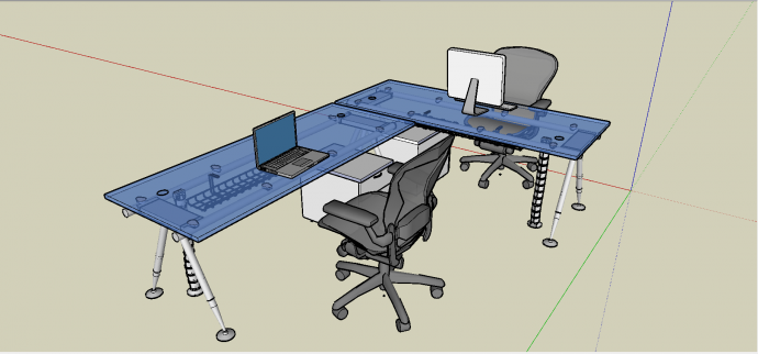 现代固定脚架样式玻璃桌面办公桌椅su模型_图1