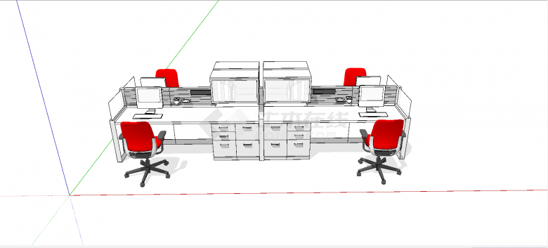 现代桌面带柜子式单人方形电脑办公桌组合四人桌椅su模型-图一